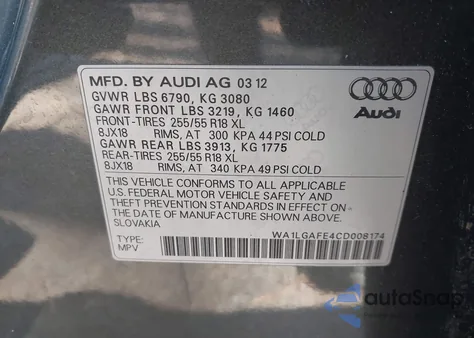 2012 Audi Q7 Premium Plus из США, поврежденный, VIN WA1LGAFE4CD008174